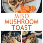 Three photo collage of mushroom toast on a plate, sautéed mushrooms in a skillet, and a hand holding mushroom toast.