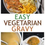 Three photo collage of a full meal on a plate, gravy in a pot, and gravy in a small serving pitcher.
