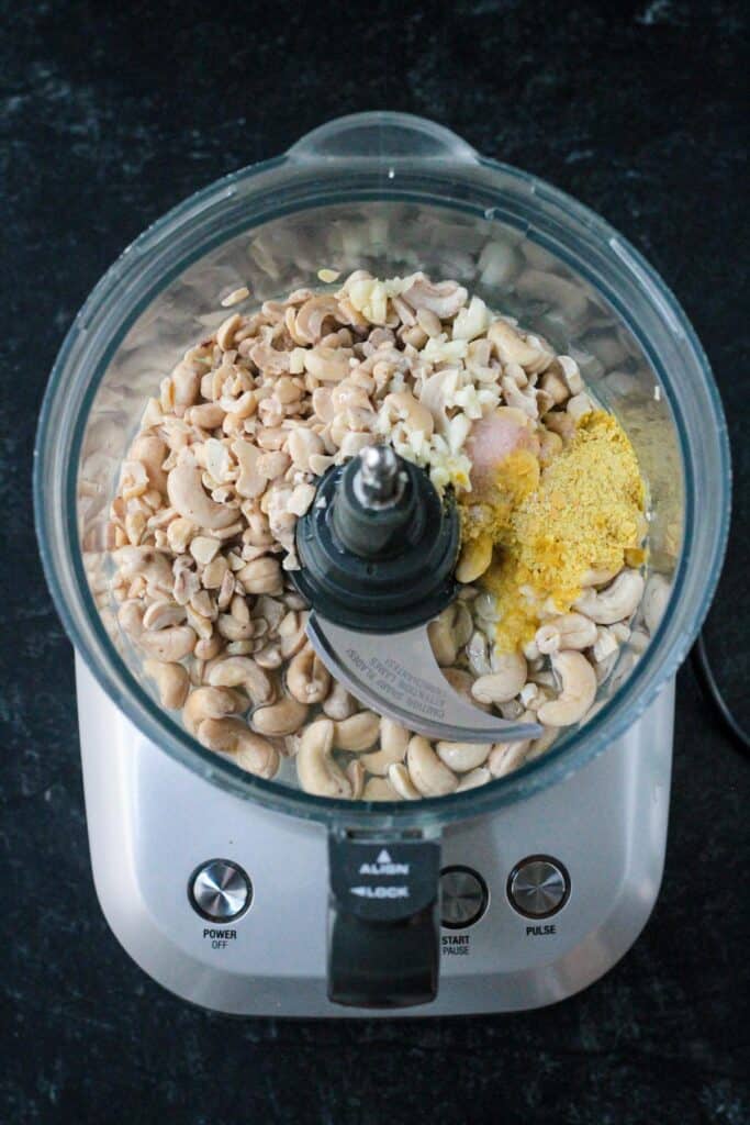 Recipe ingredients in a food processor.