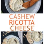 Three photo collage of ricotta on crackers, ricotta in bowl, and a serving bowl of ricotta with crackers.