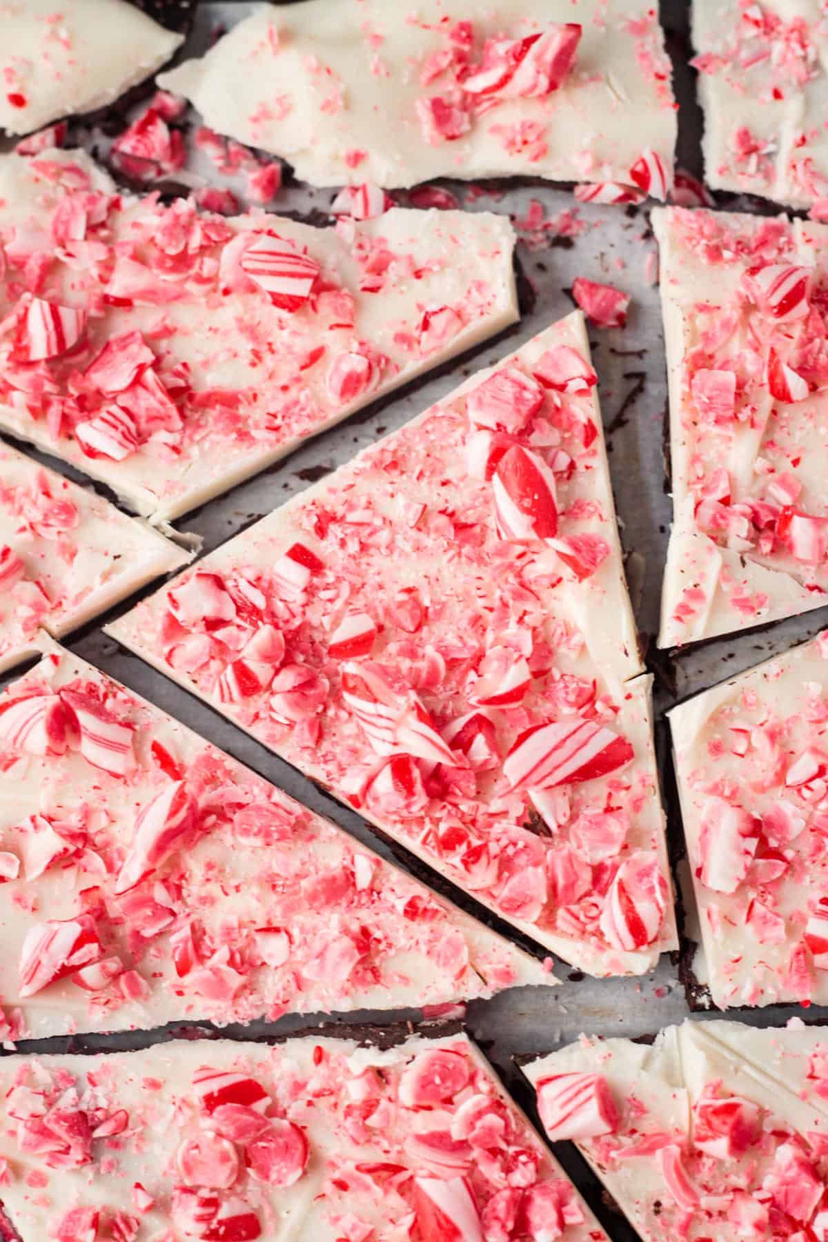 Close up of a piece of bark topped with crushed candy canes.