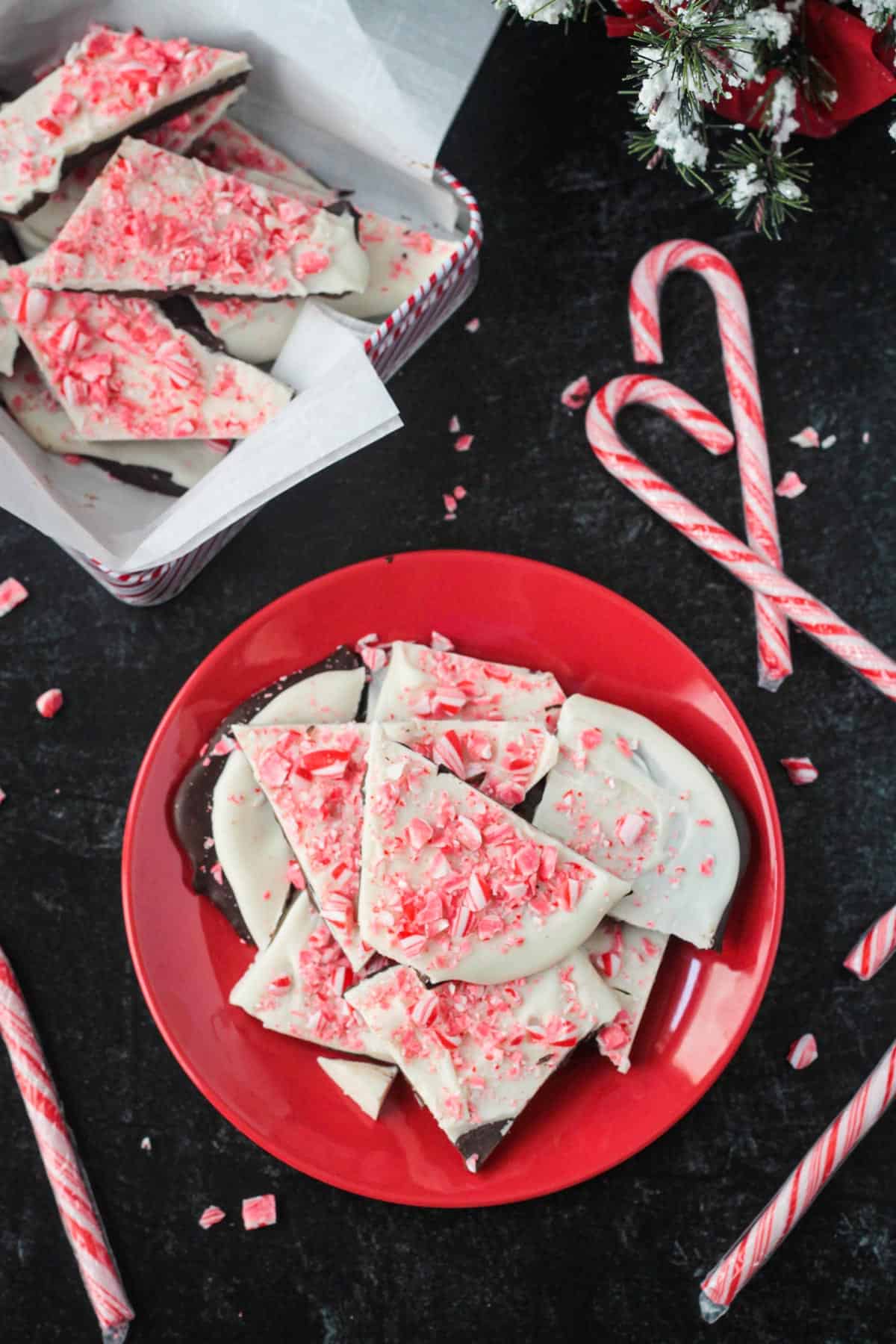 Vegan peppermint bark on a red plate surrounded by candy canes.