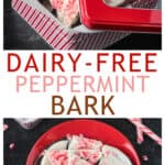 Two photo collage of vegan peppermint bark in a gift tin and a pile of bark on a plate.