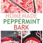 Three photo collage of a slab of peppermint bark broken into pieces, stack of 5 pieces of bark, and a pile of bark on a plate.