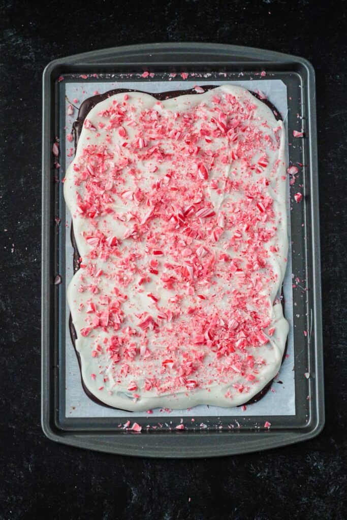 Crushed candy canes sprinkled over the top of the white chocolate layer.