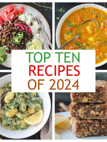 Four photo collage of a variety of vegan recipes.