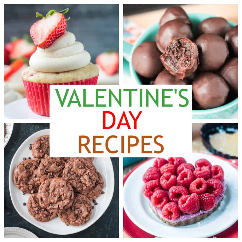 Four photo collage of vegan Valentine's day recipes.