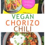 Two photo collage of the Living Vegan cookbook and a bowl of chorizo chili.