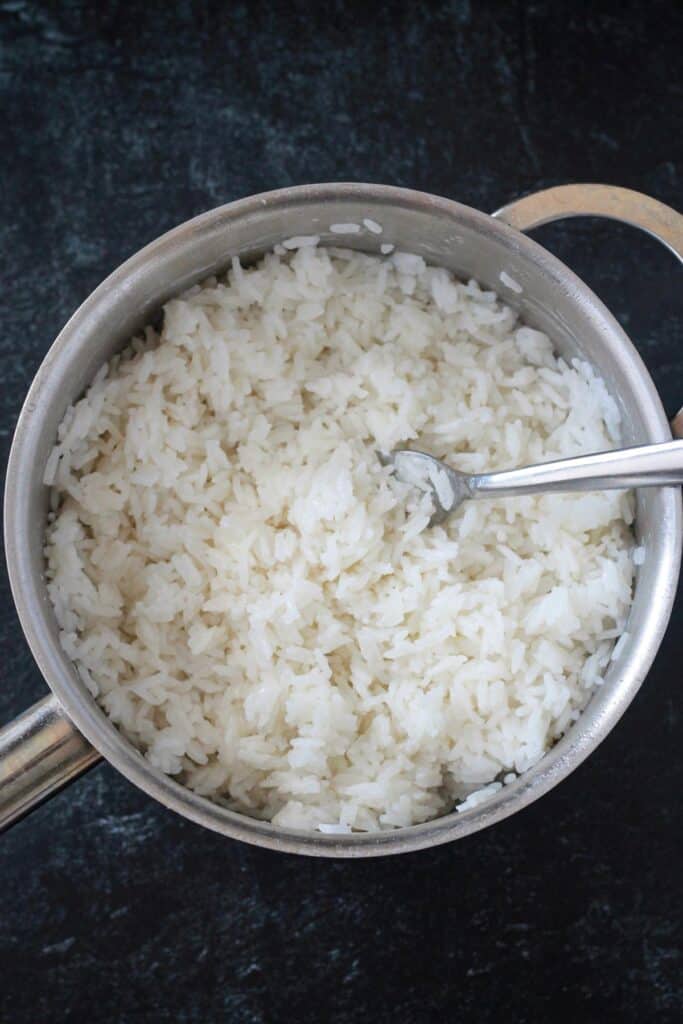 Cooked rice in a pot.