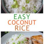 Two photo collage of a bowl of rice and a serving of rice and tofu on a plate.