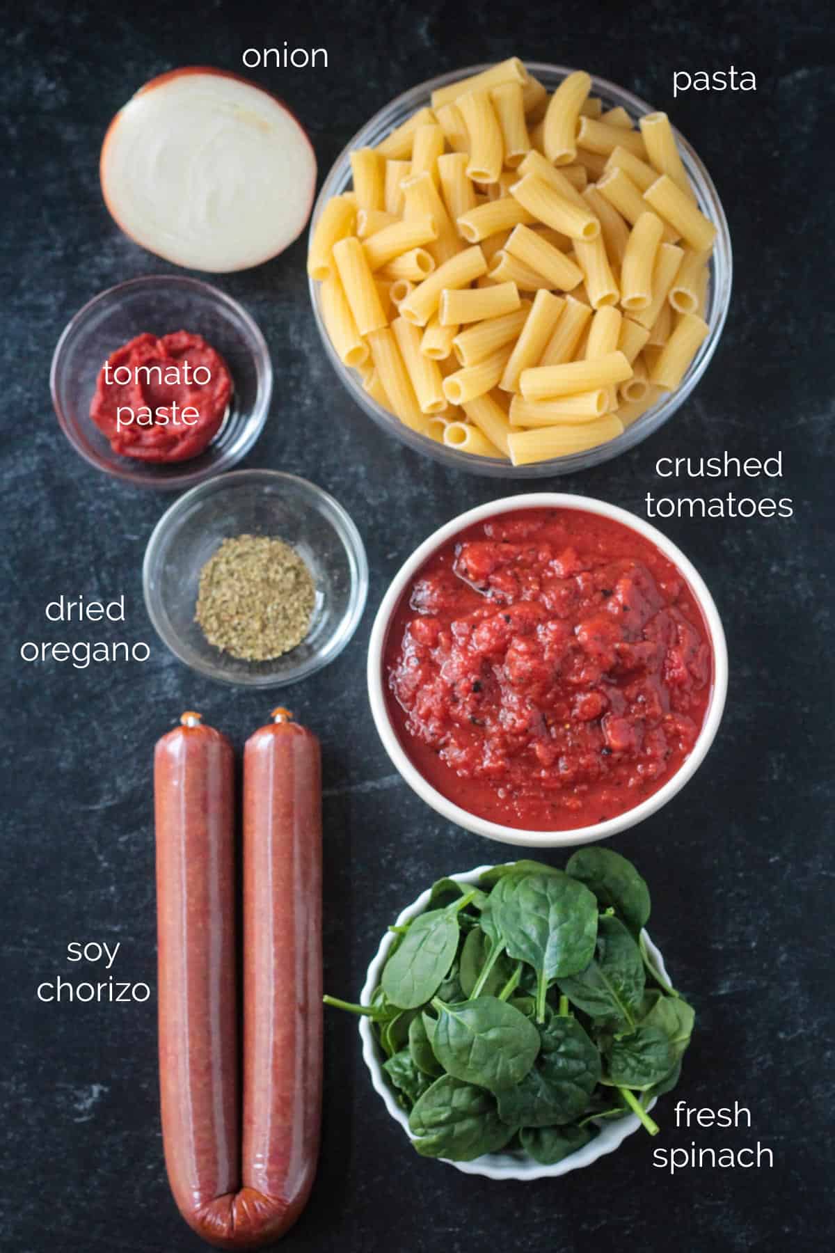 Recipe ingredients arrayed in individual dishes.