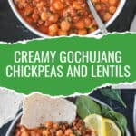 Two photo collage of a bowl of spicy chickpeas and chickpeas and lentils over rice.