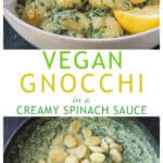 Two photo collage of a bowl of gnocchi and a skillet of cream sauce with gnocchi added on top.