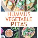 Three photo collage of slices of veggie flatbread on a platter, recipe ingredients, and two finished flatbreads on a baking sheet.