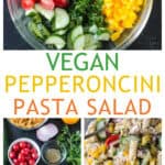 Three photo collage of chopped veggies in a bowl, recipe ingredients, and the finished dish.