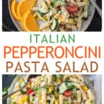 Two photo collage of a serving of pasta salad and pasta salad mixed in a bowl.