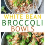Two photo collage of a broccoli grain bowl and a close up of the bowl with sauce.