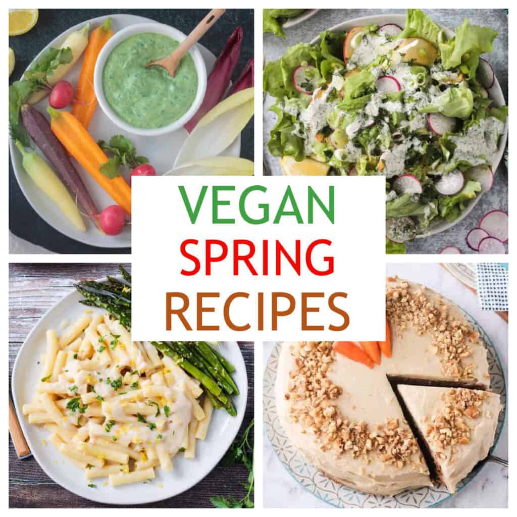 Four photo collage of vegan spring recipes.