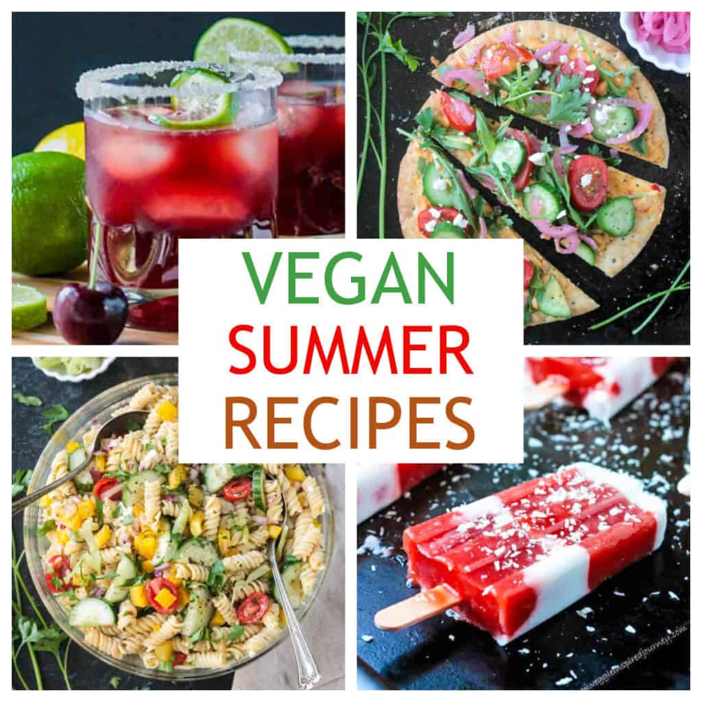 Four photo collage of vegan summer recipes.