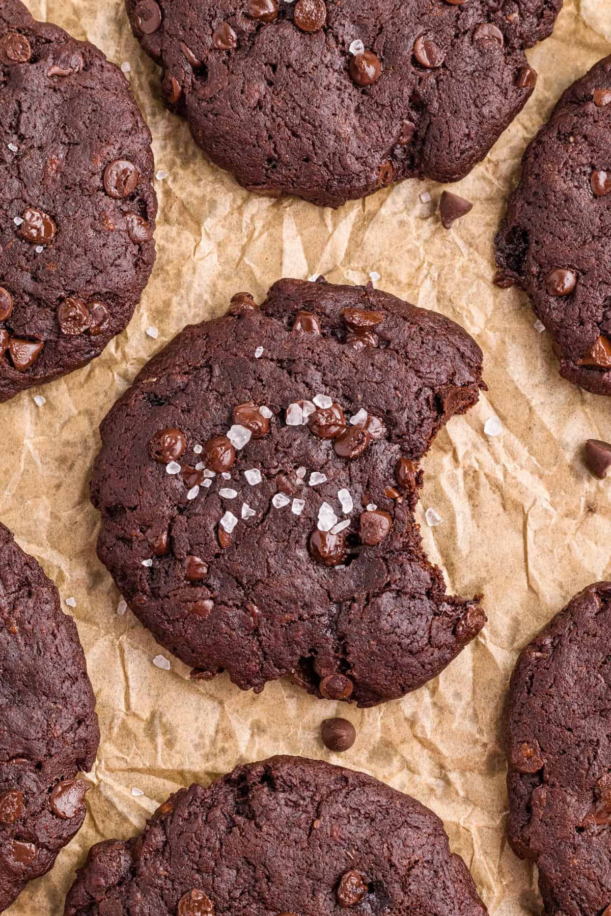 Close up of one cookie with a bite taken out.