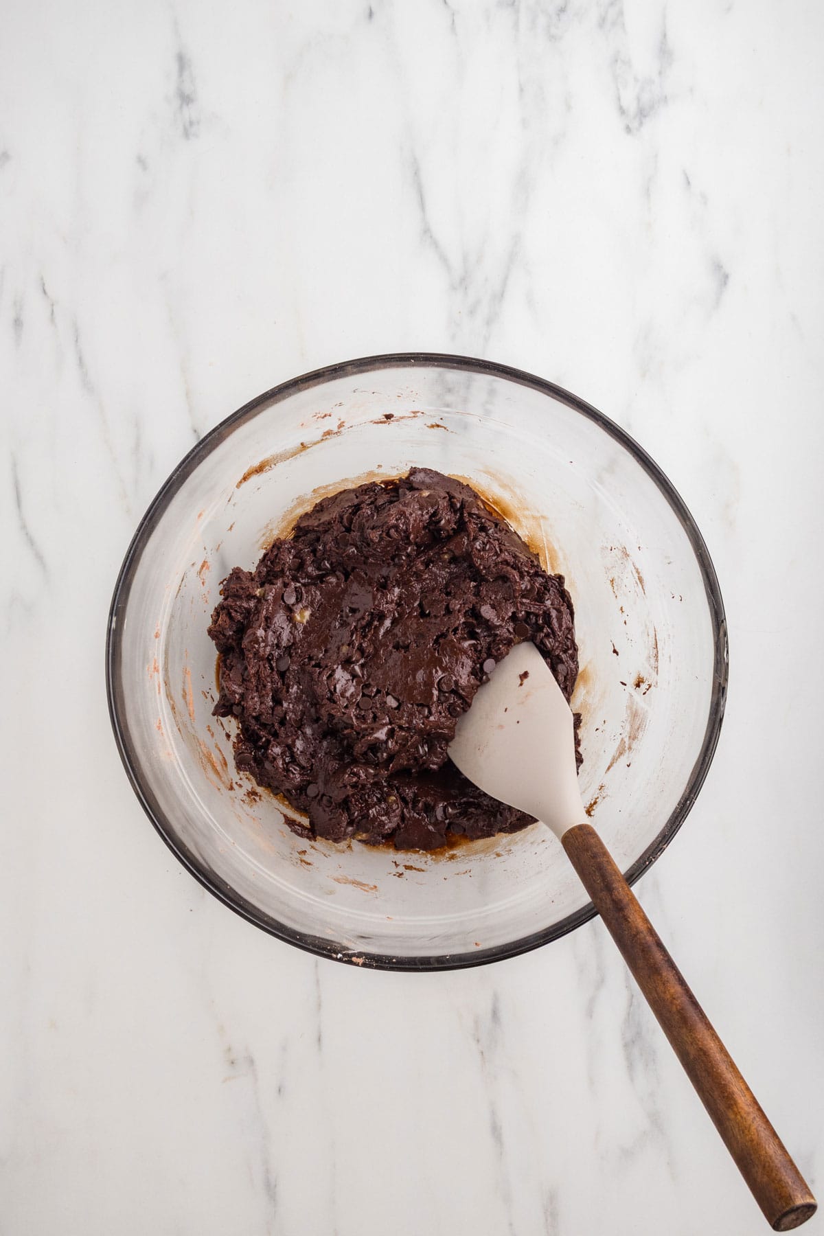 Chocolate chips added to the mixture.