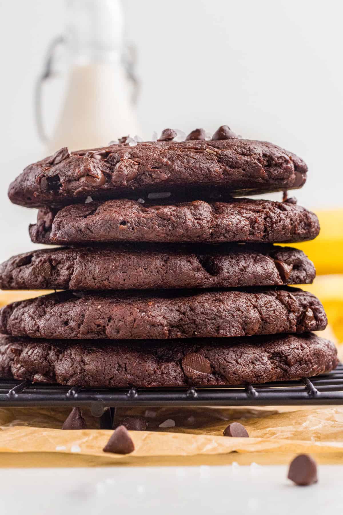 Stack of thin cocoa cookies.